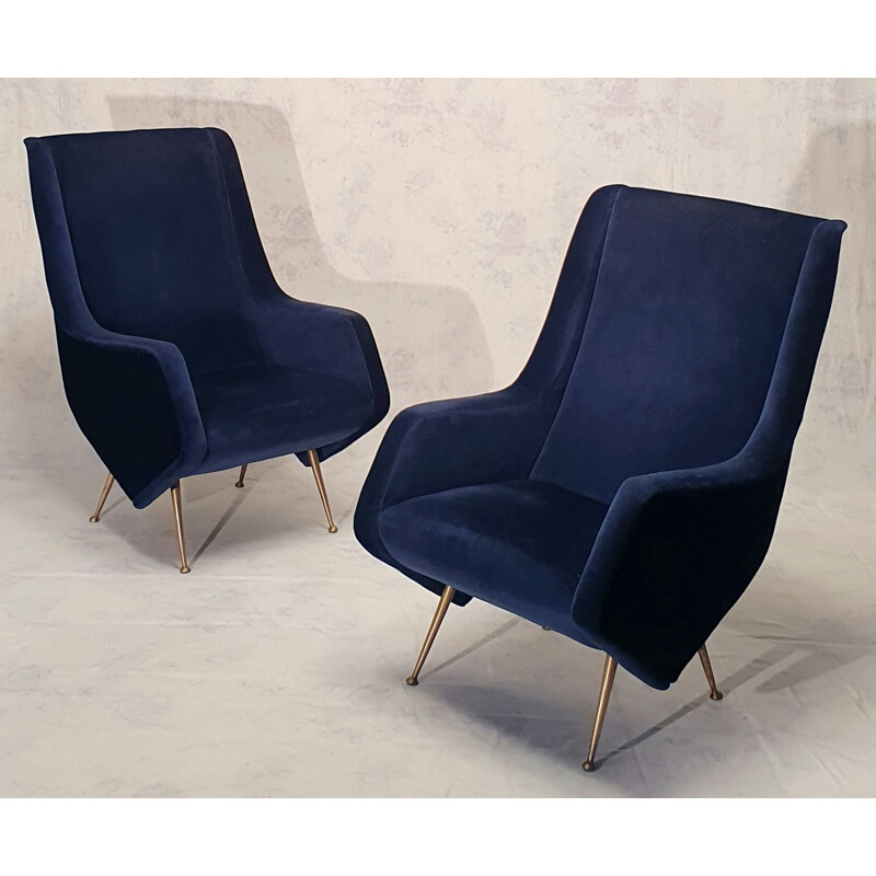 Pair of vintage Armchairs Bleu Nuit by Aldo Morbelli For Isa Bergamo, Italians 1950s