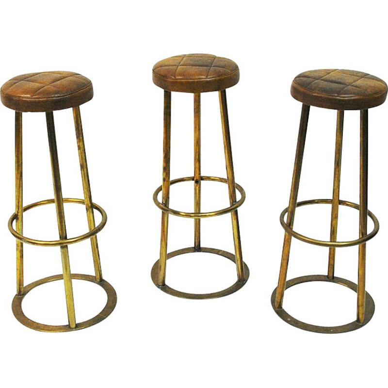 Lot de 3 tabourets de bar vintage en laiton et cuir, Scandinave 1950