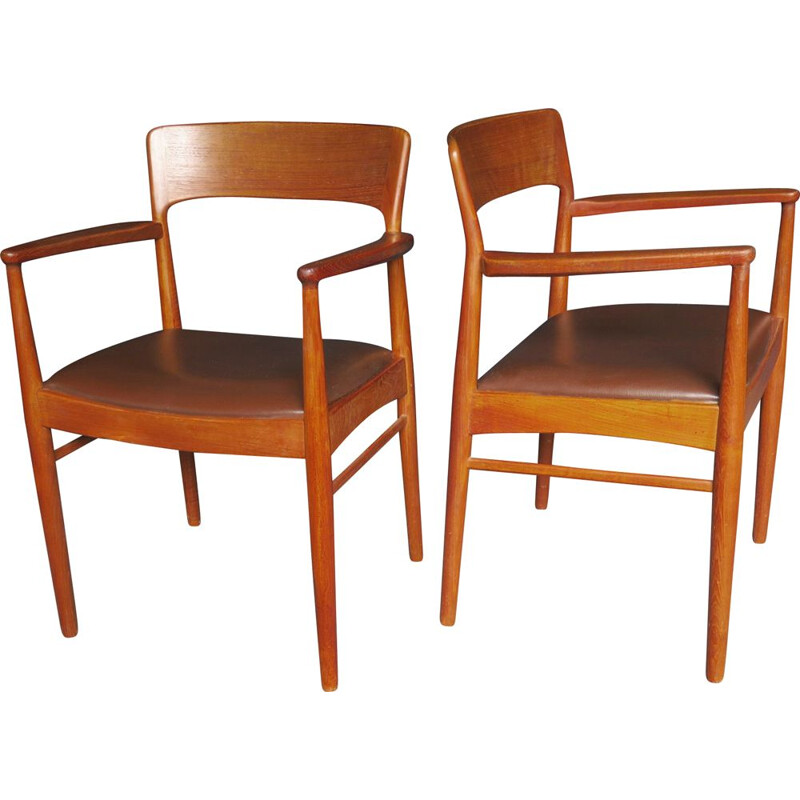 Pair of Mid-Century Teak and Leather Carver Armchairs, Danish 1960s