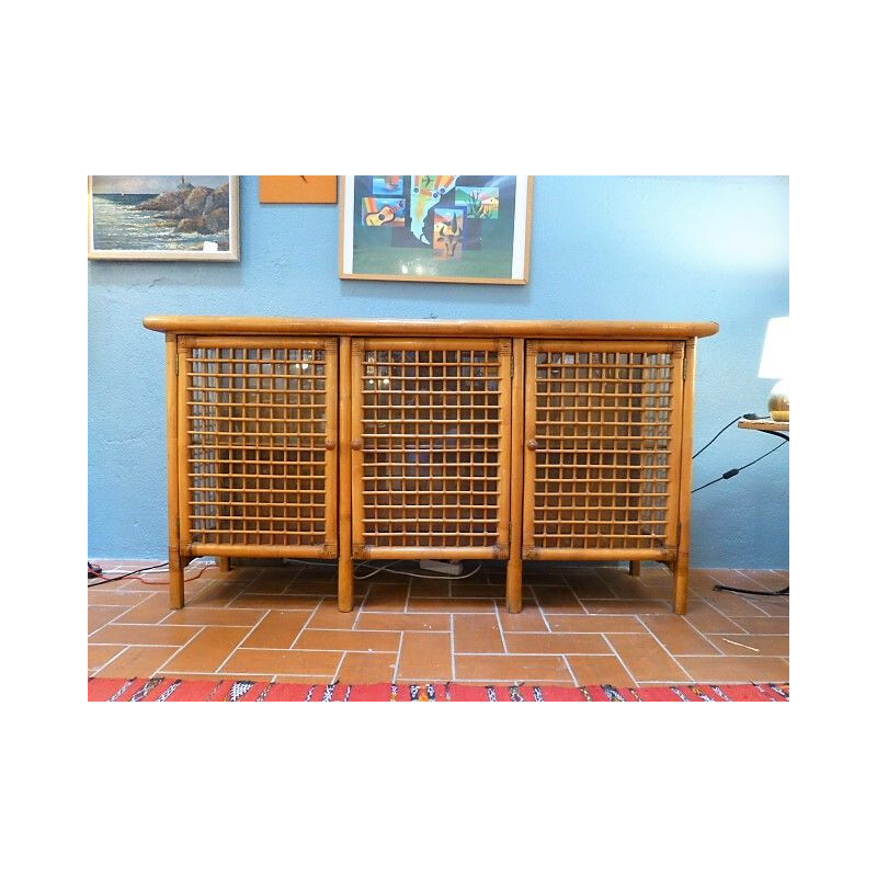 Vintage rattan and glass sideboard 1970