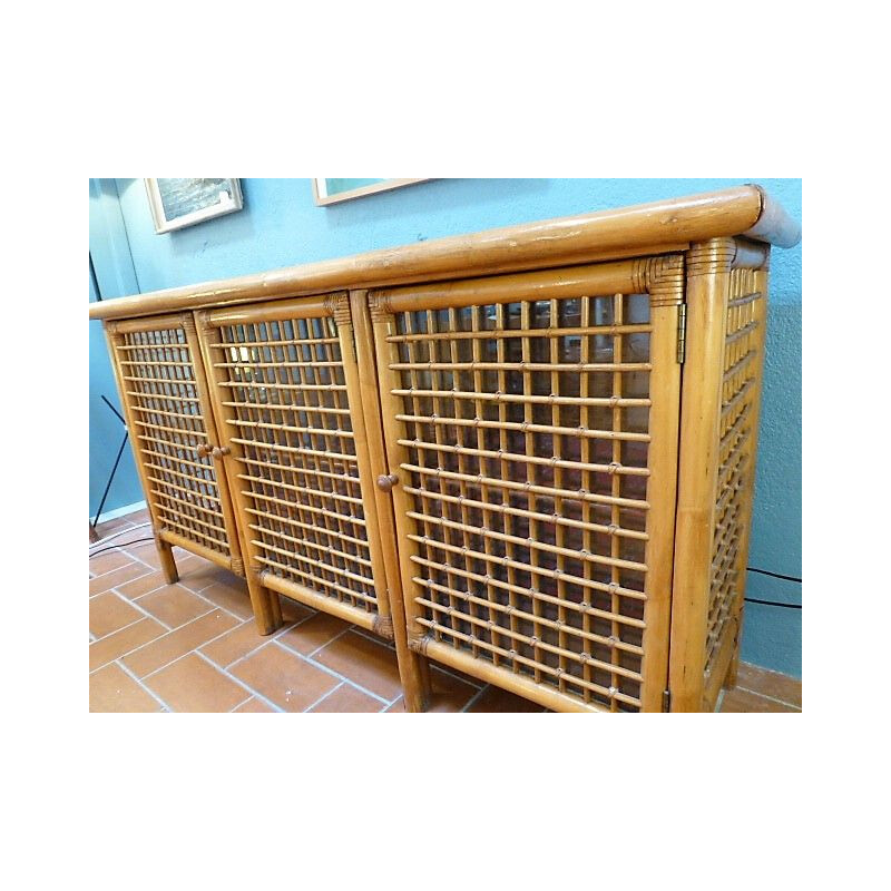 Vintage rattan and glass sideboard 1970