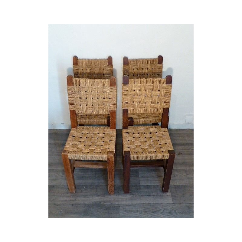 Set of 4 vintage wood and rope chairs 1960s
