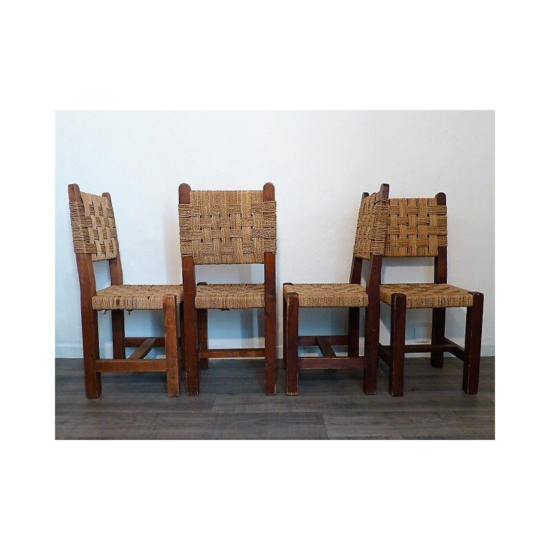 Set of 4 vintage wood and rope chairs 1960s
