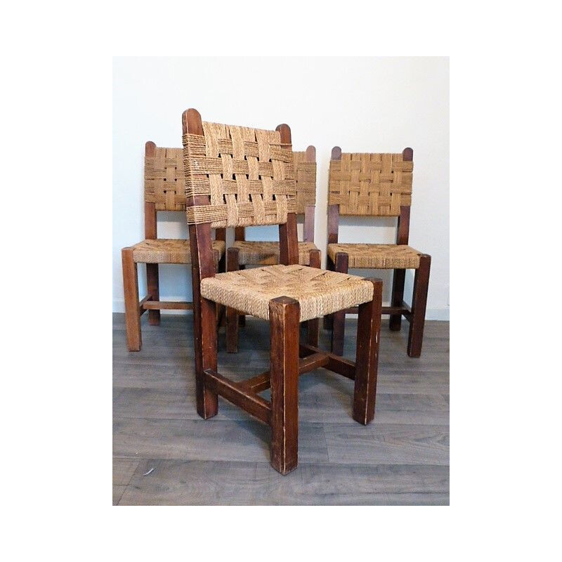 Set of 4 vintage wood and rope chairs 1960s