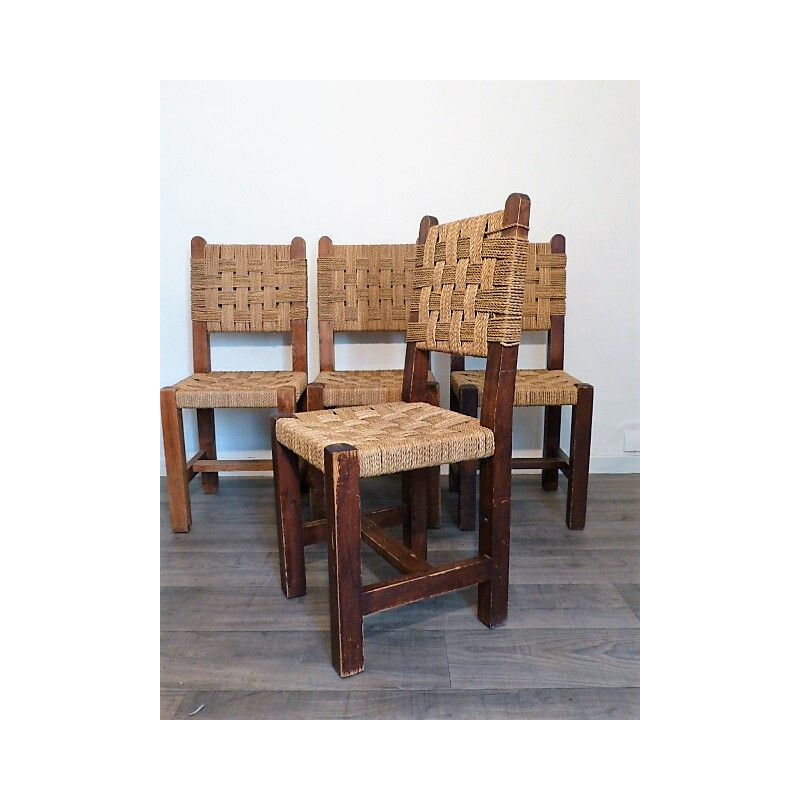 Set of 4 vintage wood and rope chairs 1960s