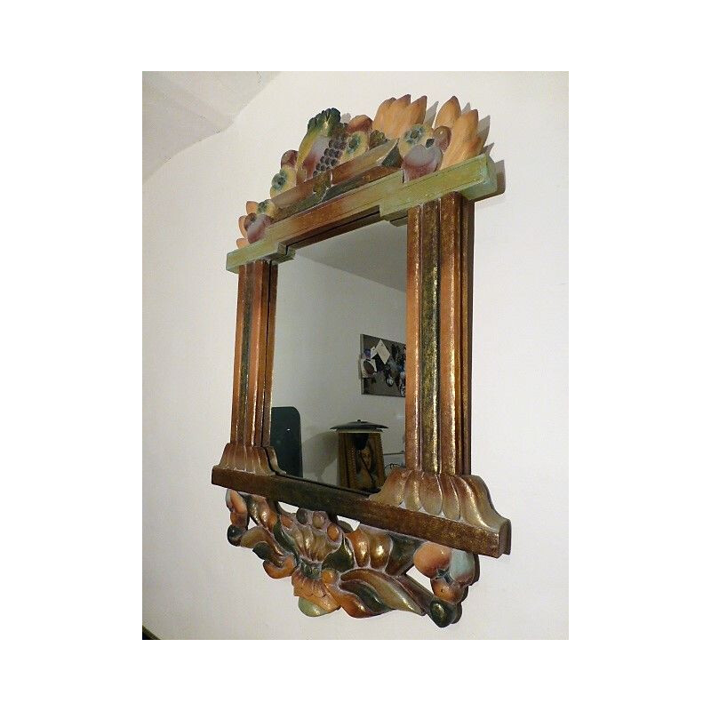 Vintage wooden polychrome mirror 1970s