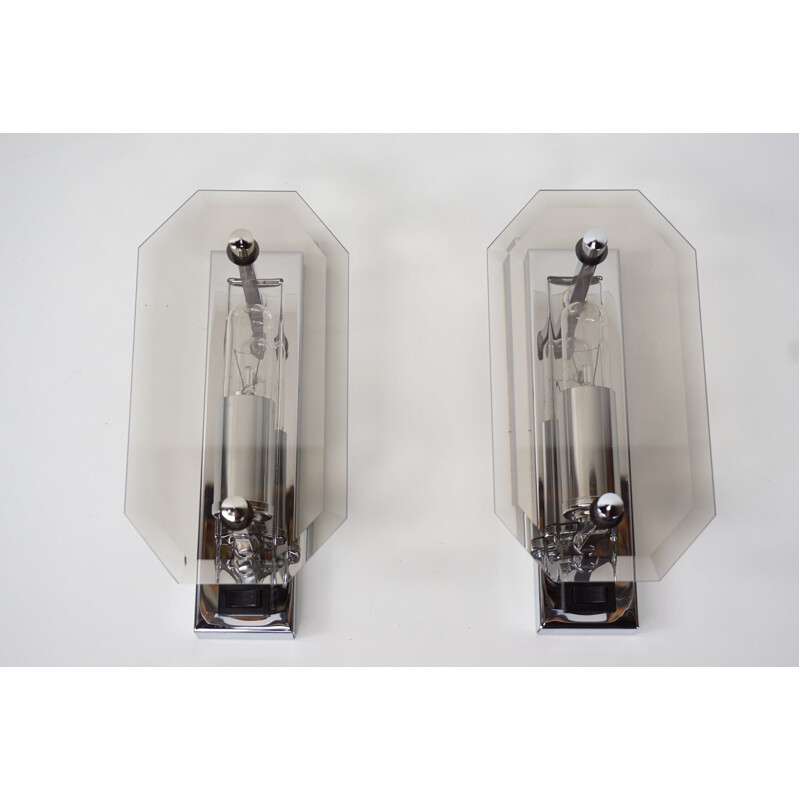 Pair of vintage sconces in bevelled glass and chrome by Sische, Germany 1960s