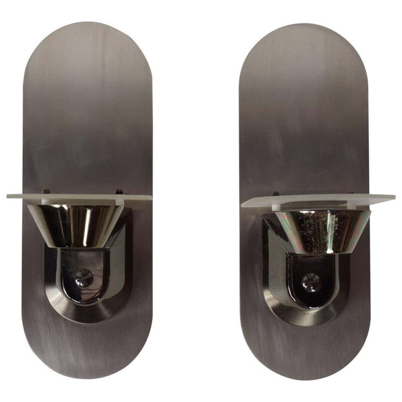 Pair of vintage sconces in stainless steel and glass 1980s
