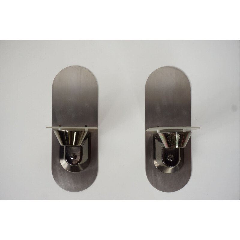 Pair of vintage sconces in stainless steel and glass 1980s