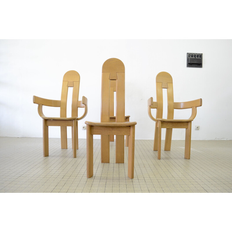 Set of 4 vintage oak chairs Brutaliste 1980