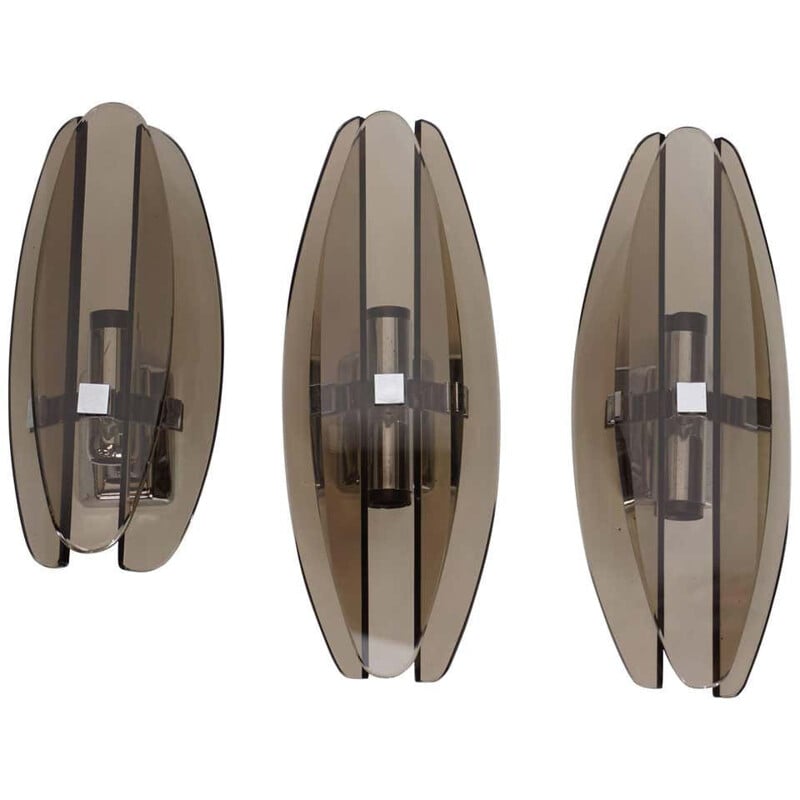 Set of 3 vintage wall lights in chrome and smoked glass by Veca Fontana Arte 1960