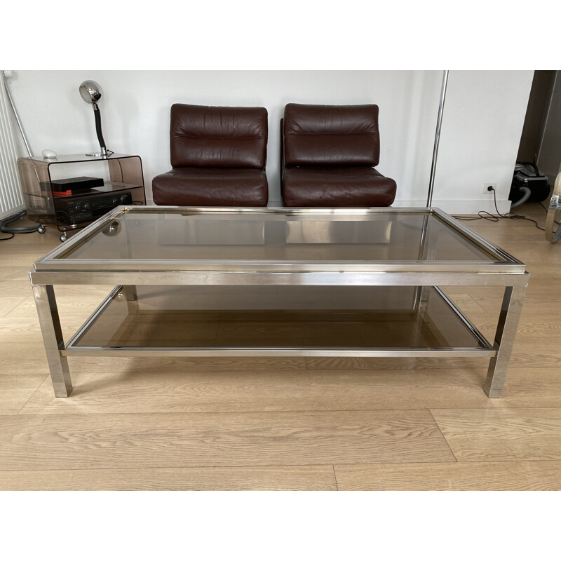 Grande table basse vintage chrome et laiton 1970