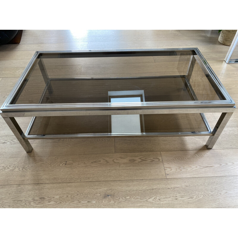 Large vintage coffee table with brass 1970s