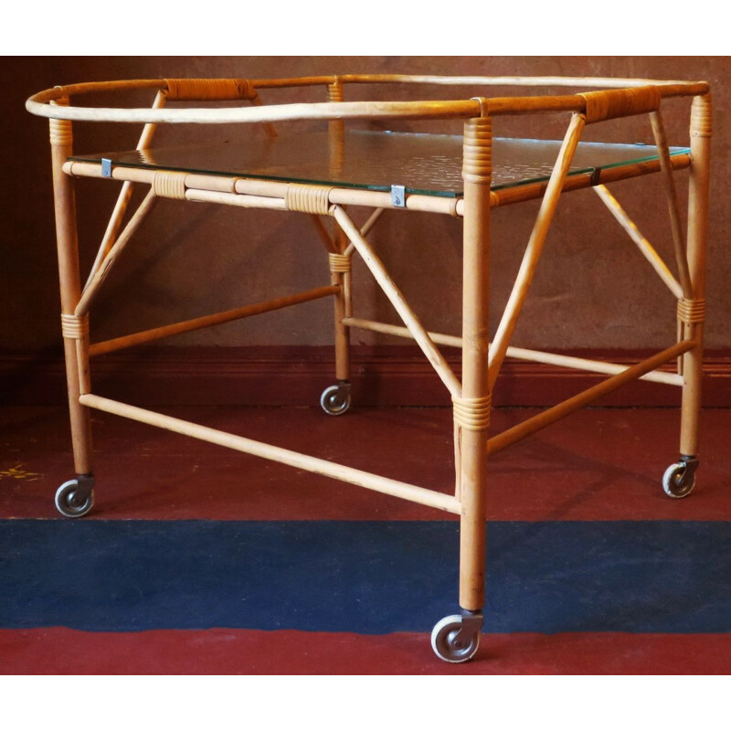 Vintage serving trolley in bamboo and frosted glass 1960
