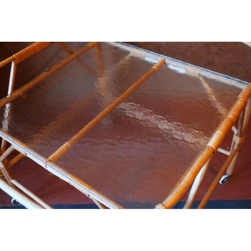 Vintage serving trolley in bamboo and frosted glass 1960