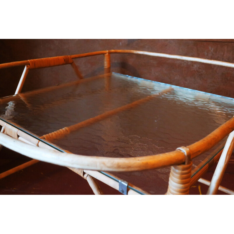 Vintage serving trolley in bamboo and frosted glass 1960