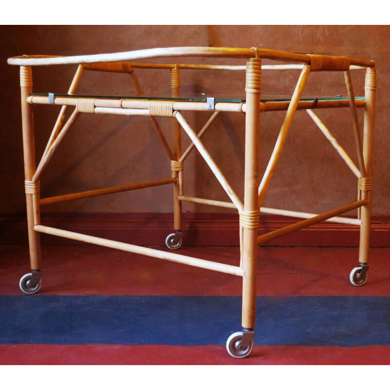 Vintage serving trolley in bamboo and frosted glass 1960