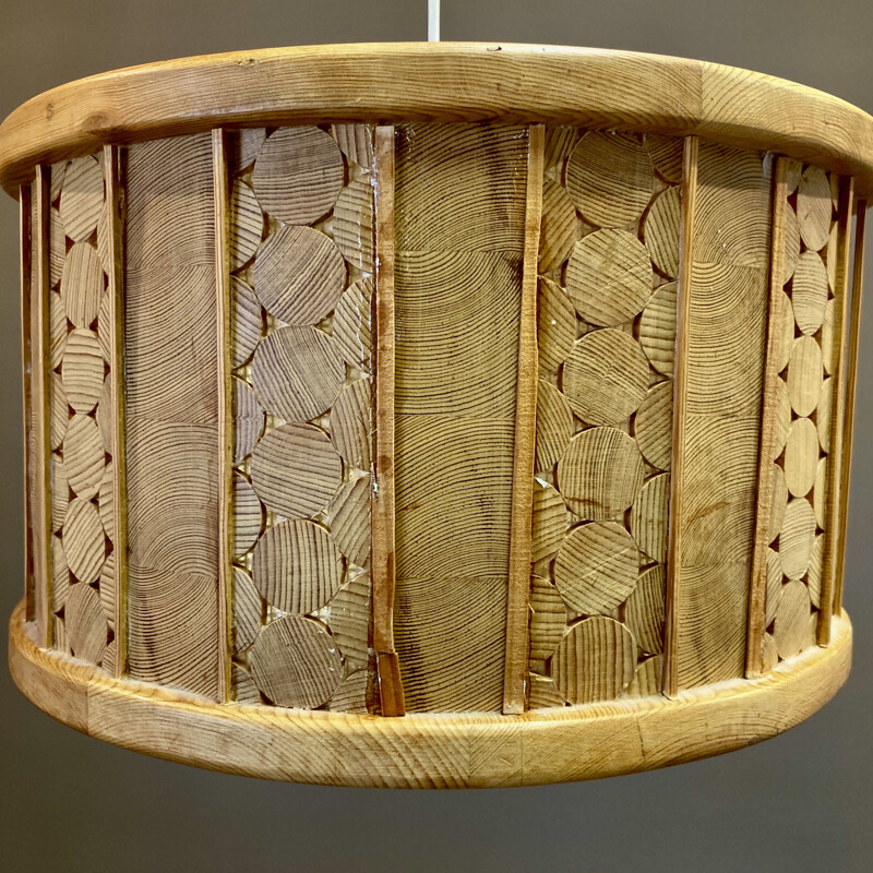 Large vintage pendant lamp in solid wood, Scandinavian 1950s
