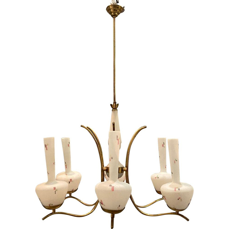 Vintage Opaline Glass Chandelier from Stilnovo 1950s