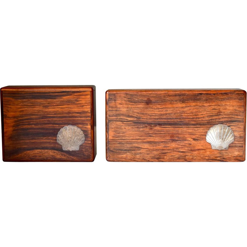 Pair of vintage modern wooden boxes with sterling inlays, Denmark 1960