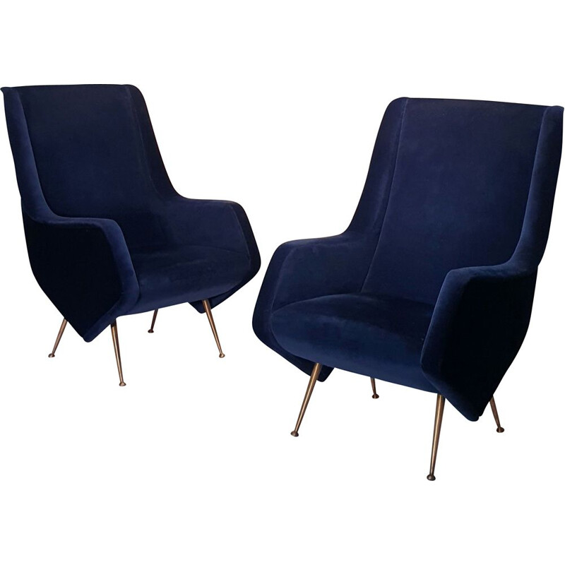 Pair of vintage Armchairs Bleu Nuit by Aldo Morbelli For Isa Bergamo, Italians 1950s