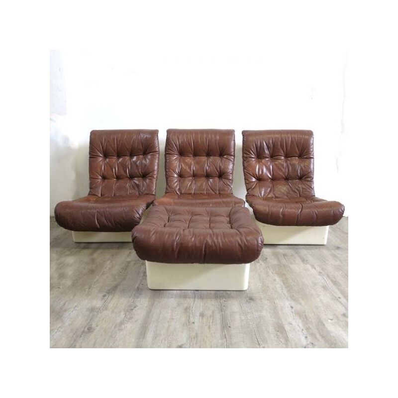 Set di 3 sedie lounge vintage con sgabello di Airborne, Francia 1970