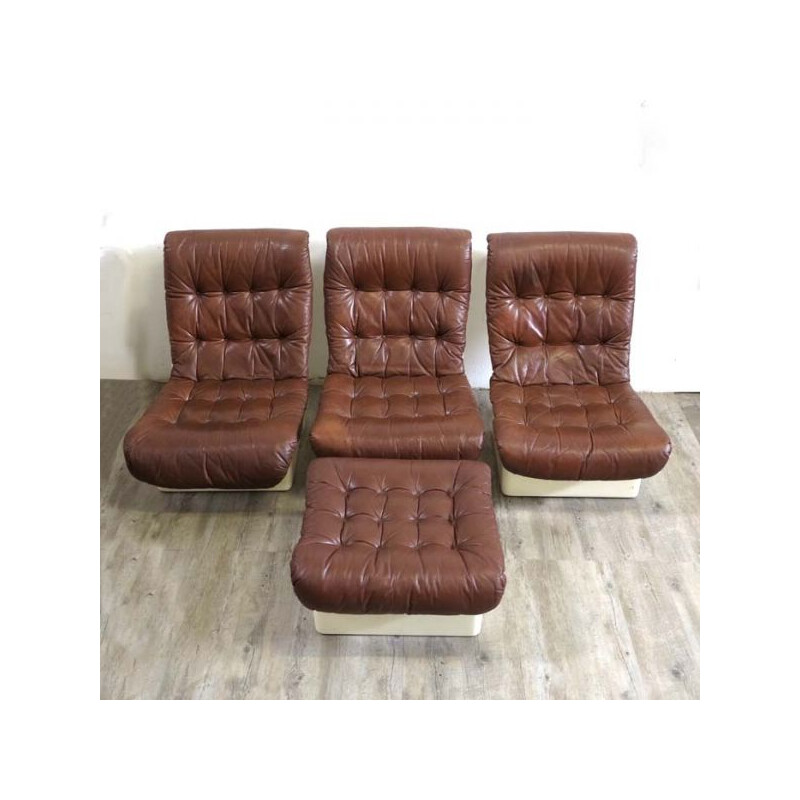 Conjunto de 3 cadeiras de sala de estar vintage com banquinho da Airborne, França 1970