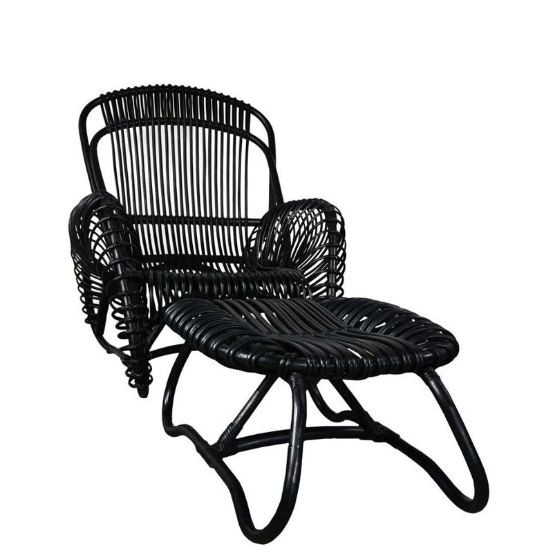 Vintage rattan armchair with matching ottoman