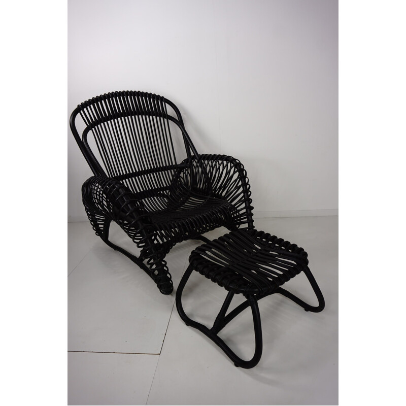 Vintage rattan armchair with matching ottoman