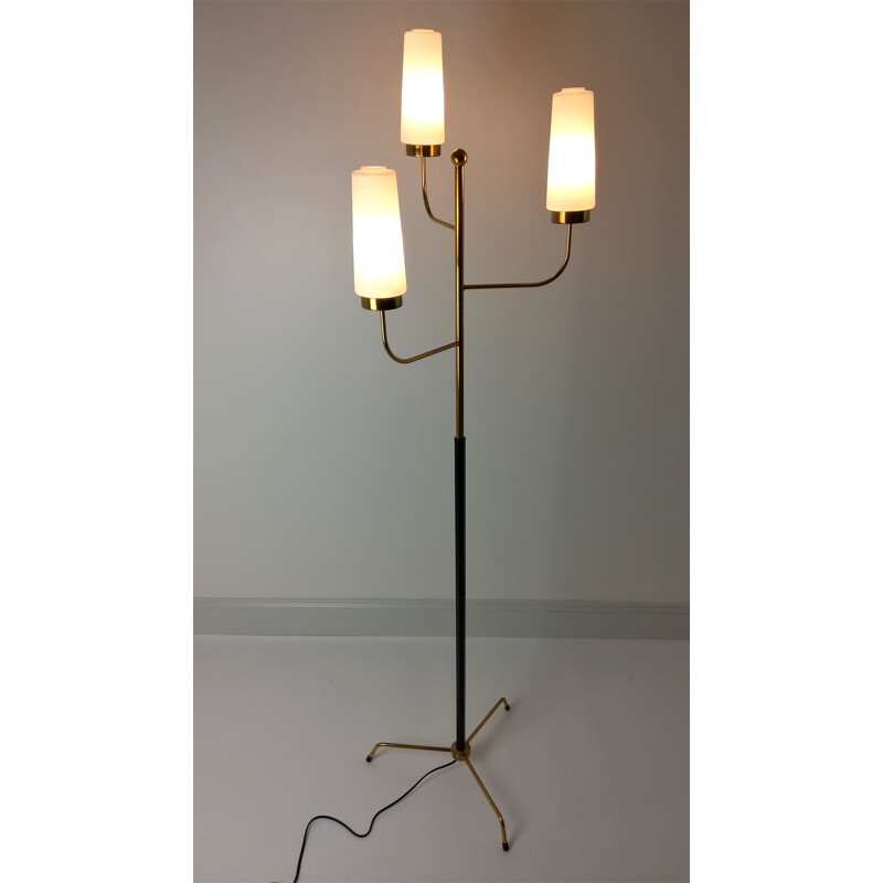 Lámpara de pie de cristal vintage con 3 opalinas 1960