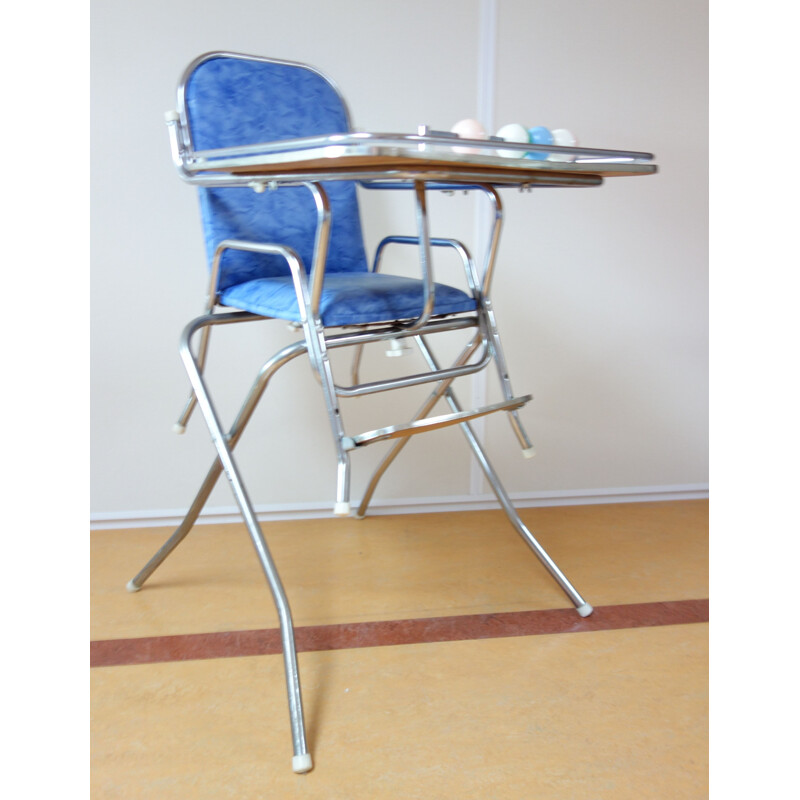 Cadeira alta para crianças Vintage cromada e azul 1960