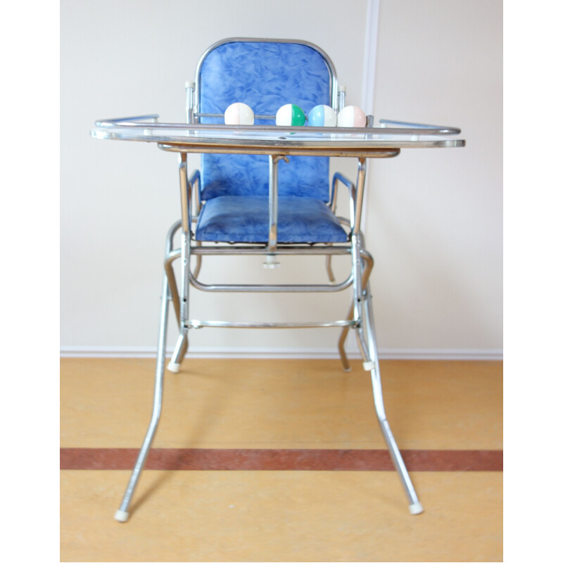 Vintage child high chair chrome and blue 1960