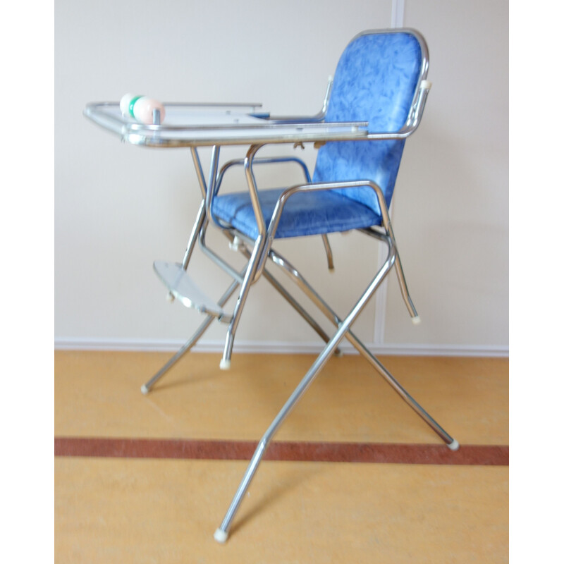 Cadeira alta para crianças Vintage cromada e azul 1960