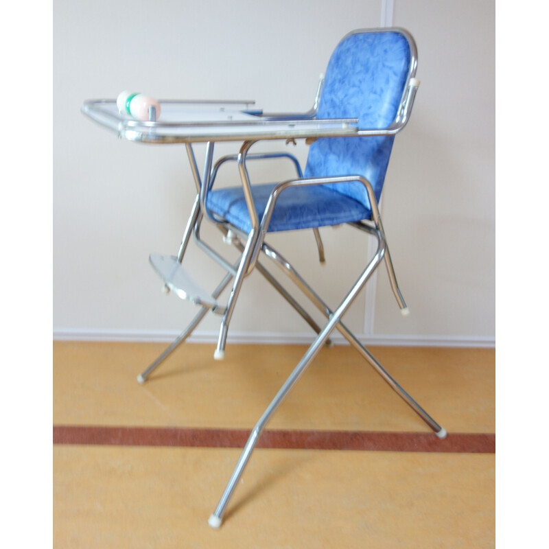 Chaise haute vintage enfant chrome et bleu 1960