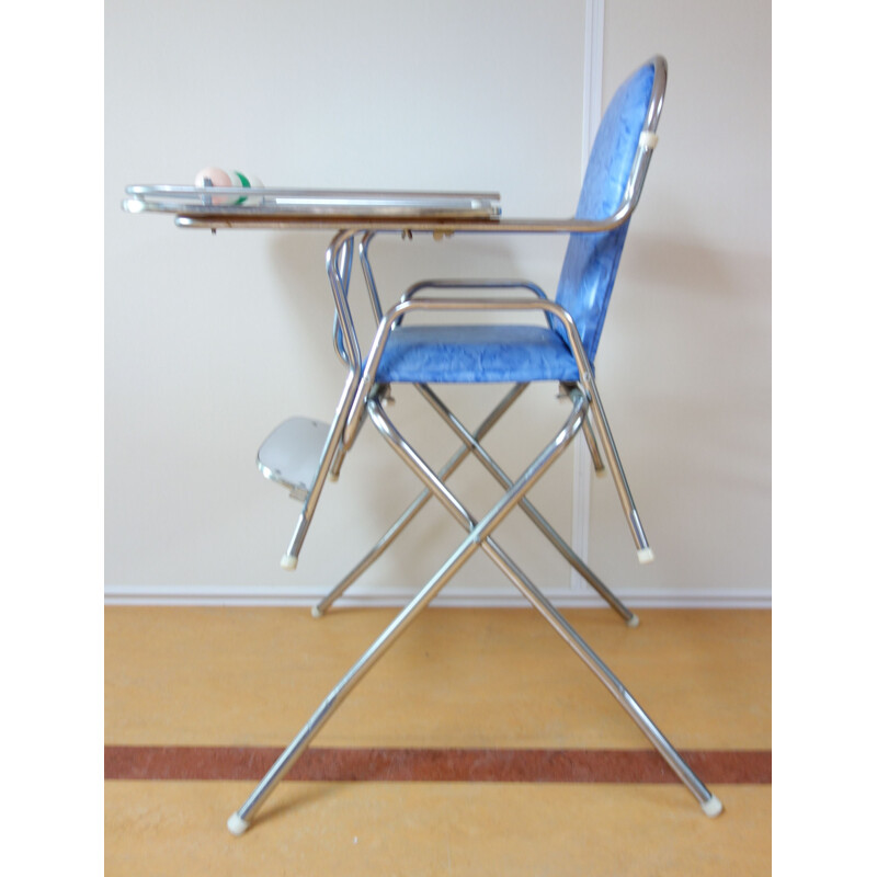 Vintage child high chair chrome and blue 1960