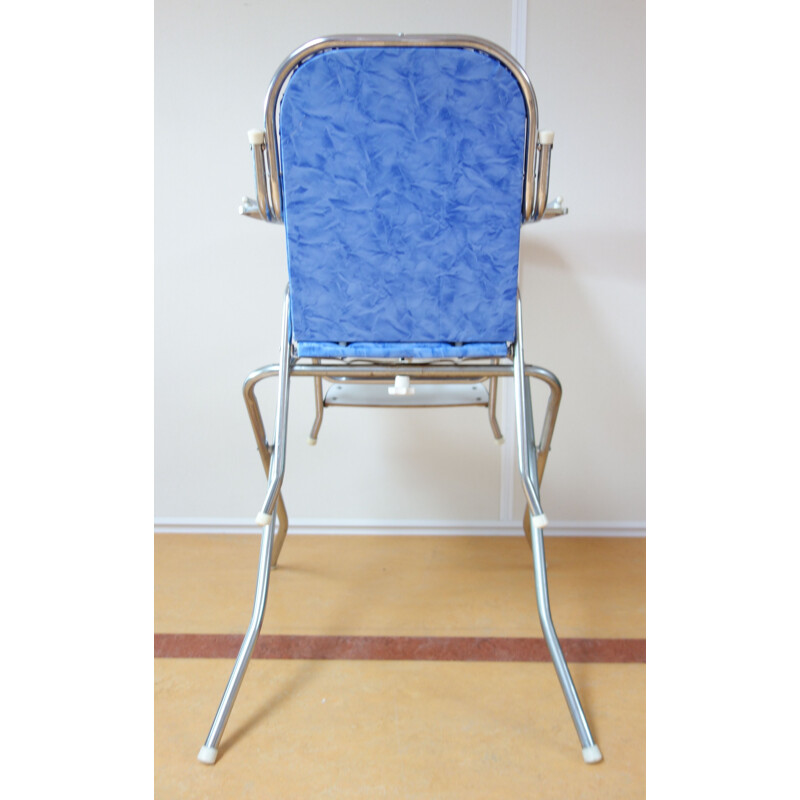 Vintage child high chair chrome and blue 1960