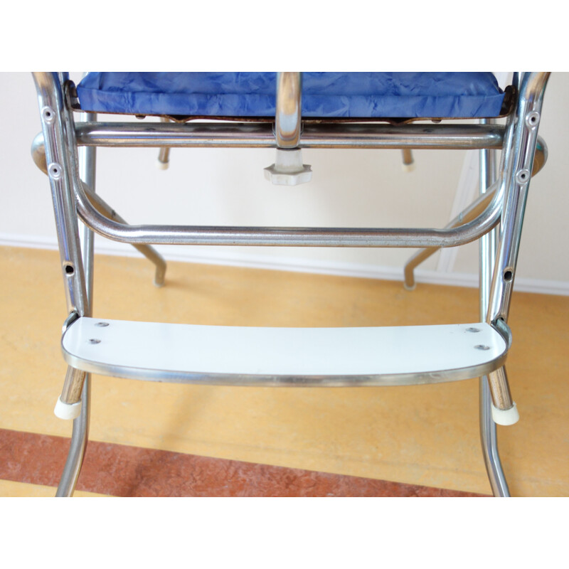 Vintage child high chair chrome and blue 1960
