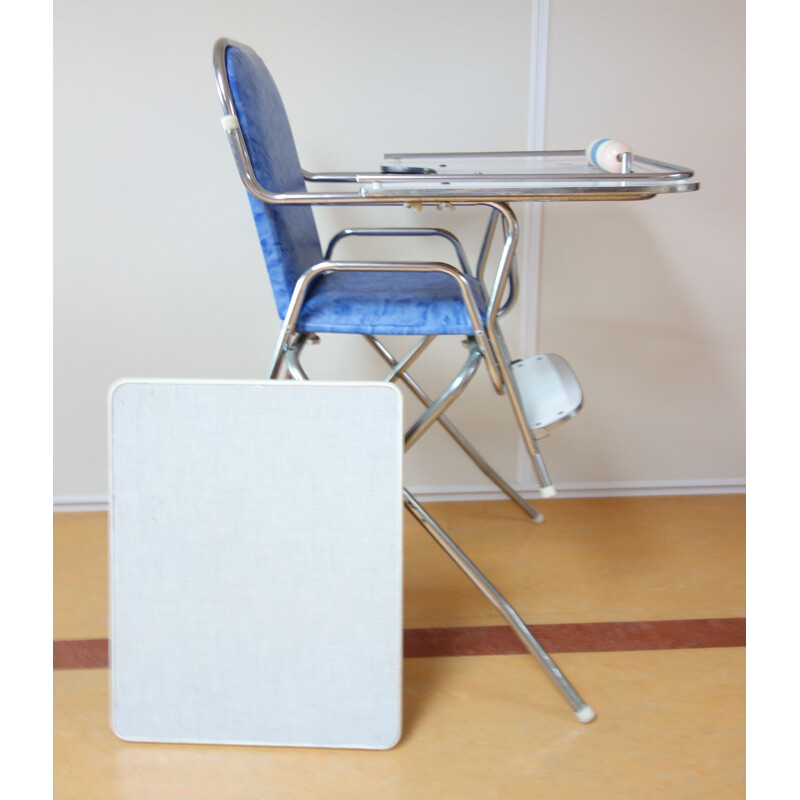 Vintage child high chair chrome and blue 1960