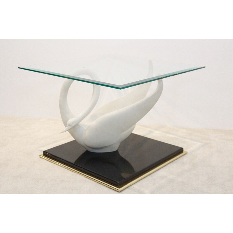 Mesa de centro vintage "Swan" en laca negra y cristal tallado de Jansen, 1960