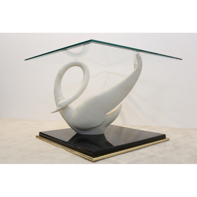 Mesa de centro vintage "Swan" en laca negra y cristal tallado de Jansen, 1960