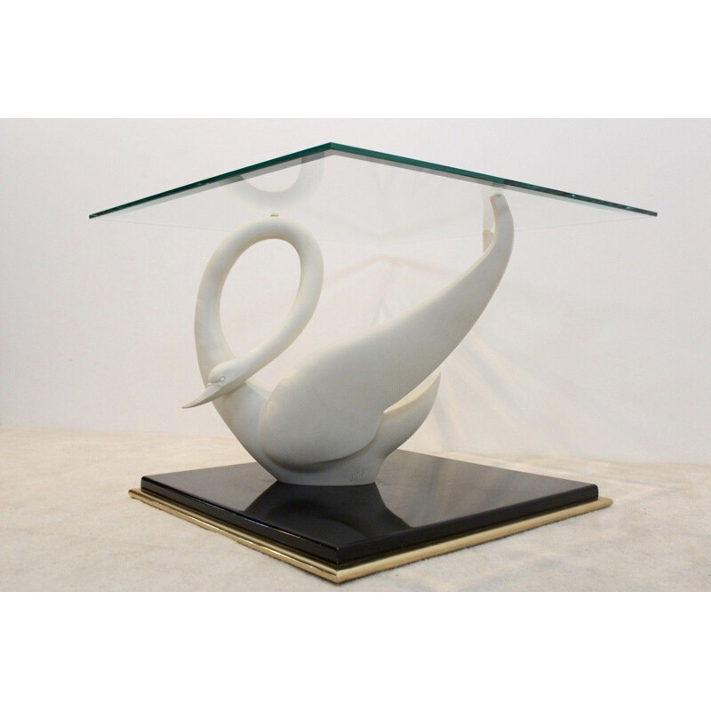 Vintage Couchtisch "Swan", schwarz lackiert und aus geschliffenem Glas von Maison Jansen, 1960