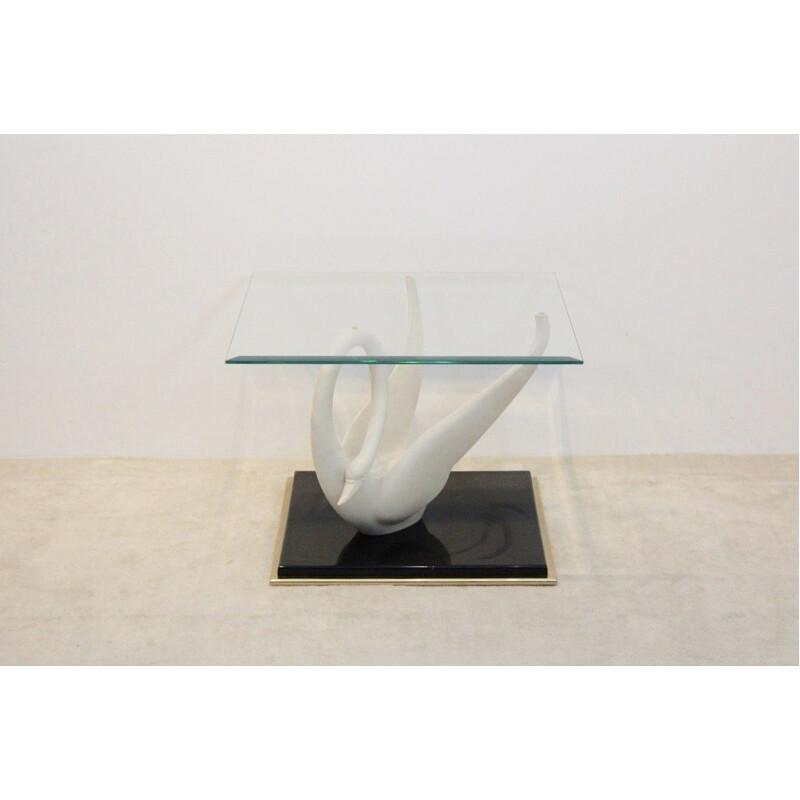 Mesa de centro vintage "Swan" en laca negra y cristal tallado de Jansen, 1960