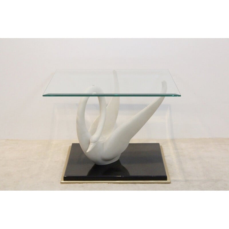 Table basse vintage "Swan" laquée noire et en verre taillé par la Maison Jansen, 1960