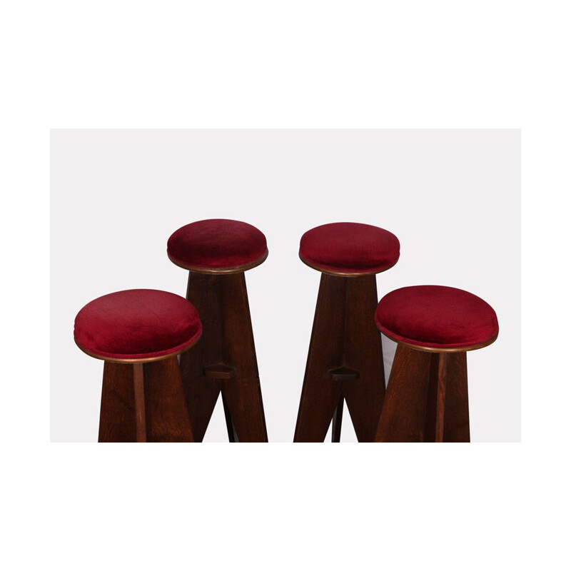 Set of 4 vintage high wooden stools 1950
