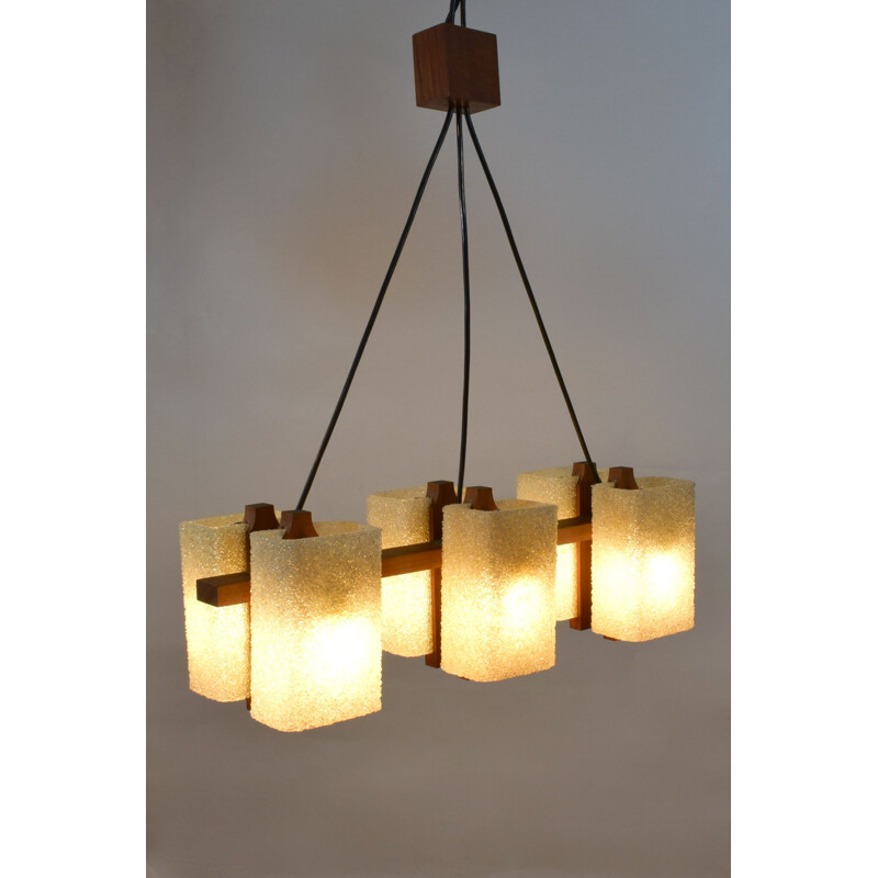 Lustre vintage en teck et perspex granité, Scandinave 1960