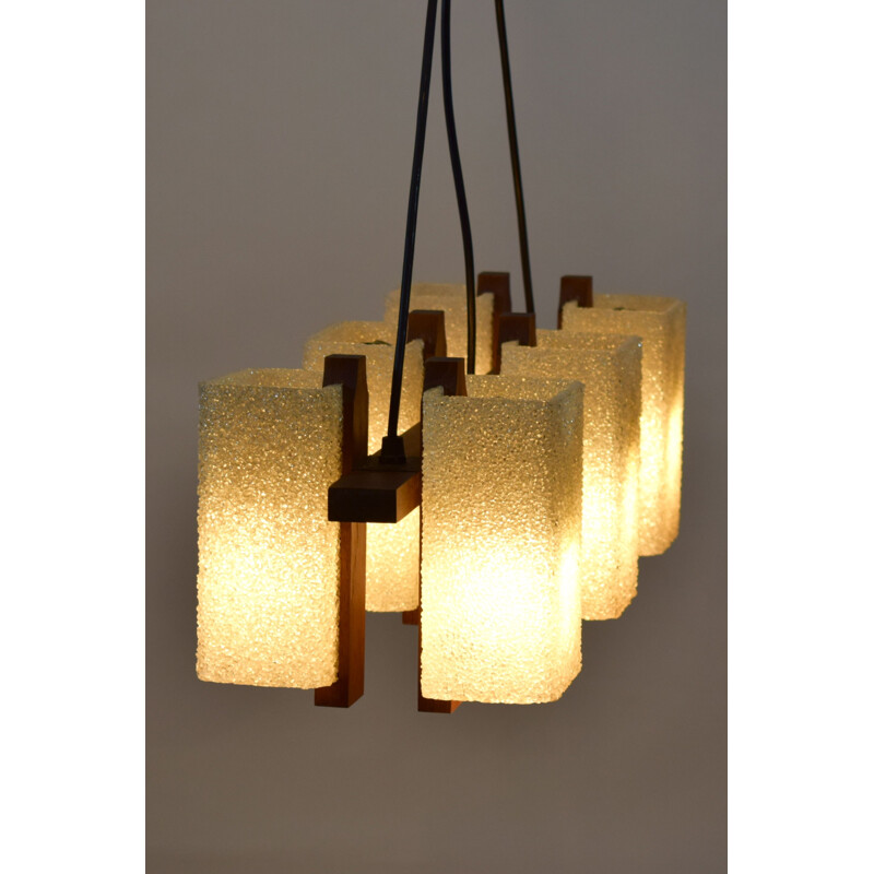 Lustre vintage en teck et perspex granité, Scandinave 1960