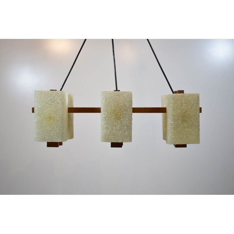 Lustre vintage en teck et perspex granité, Scandinave 1960