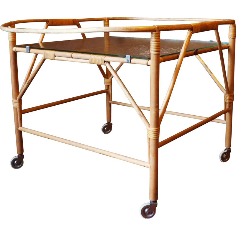 Vintage serving trolley in bamboo and frosted glass 1960