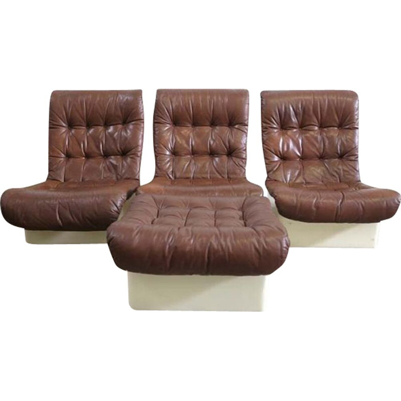 Set di 3 sedie lounge vintage con sgabello di Airborne, Francia 1970