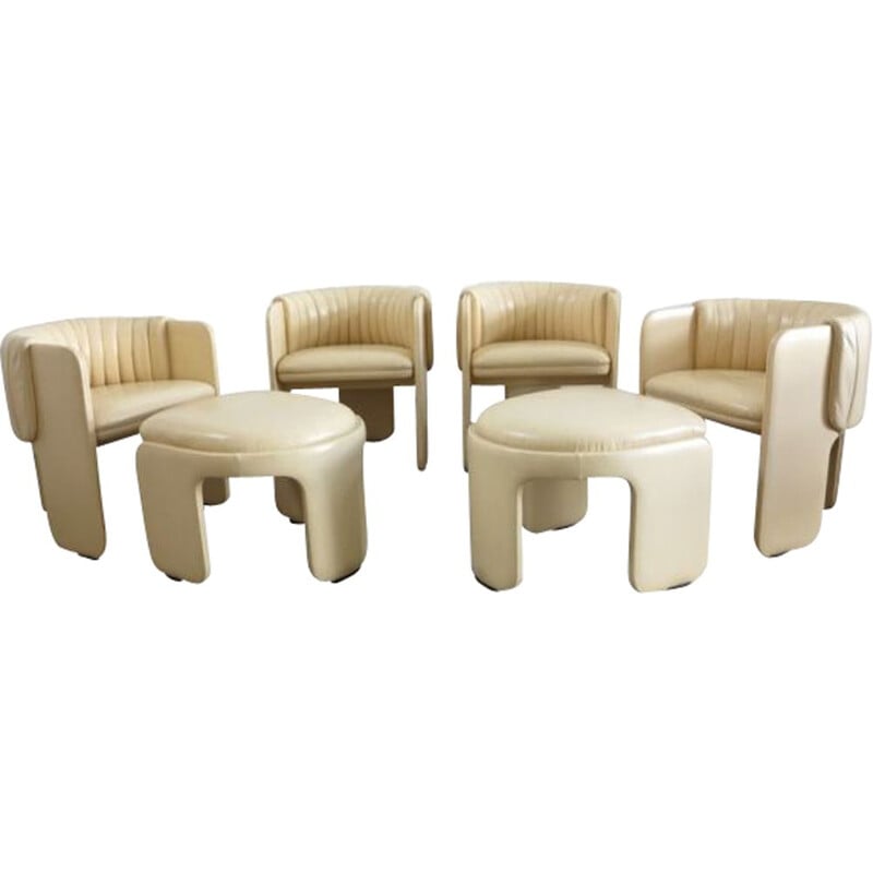 Conjunto de 6 cadeiras lounge vintage com bancos de pés da Poltrona Frau 1970